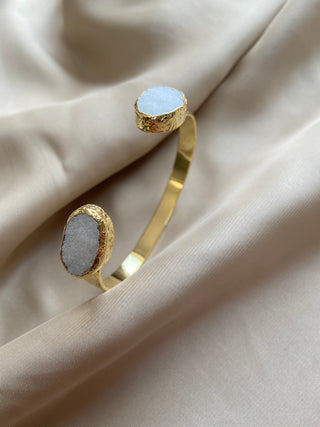 White Textured Oval Double Stone Cuff Bangle