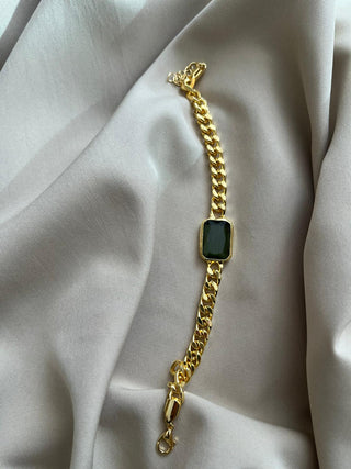 Olive Green Rectangular Stone Chunky Chain Bracelet